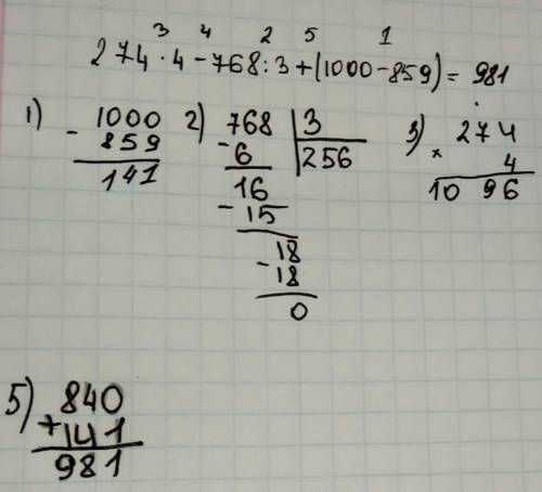 № 3. Определи порядок выполнения действий и вычисли столбиком. 247 * 4 – 768 : 3 + (1000 – 859) =