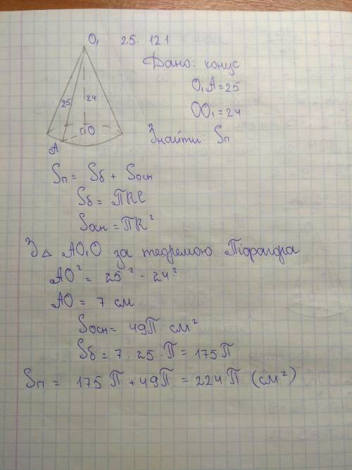 Твірна конуса дорівнює 25 см а висота 24см знайдіть площу повної поверхні конуса​