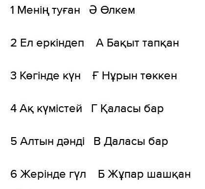 1.Менің туған а.бақыт тапқан 2.Ел еркіндеп ә.өлкем 3.Көгінде күн б.жұпар шашқан 4.Ақ күмістей в.дала