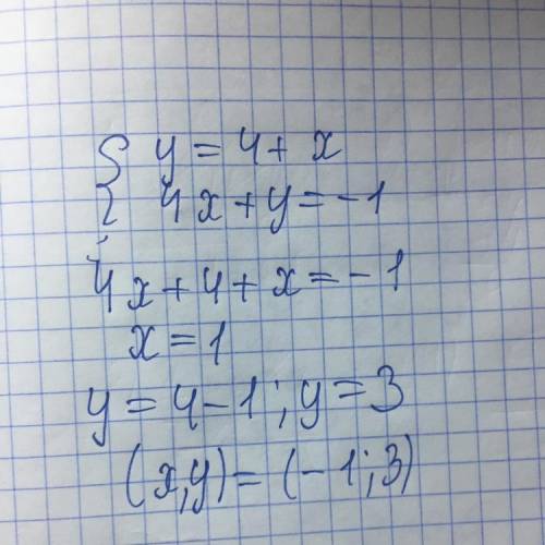 Решить систему уровнения -x+y=4 4x+y=-1