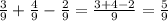 \frac{3}{9} + \frac{4}{9} - \frac{2}{9} = \frac{3 + 4 - 2}{9} = \frac{5}{9}