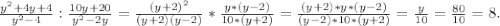 \frac{y^{2}+4y+4 }{y^{2} -4} :\frac{10y+20}{y^{2}-2y } =\frac{(y+2)^{2} }{(y+2)(y-2) } *\frac{y*(y-2)}{10*(y+2)} =\frac{(y+2)*y*(y-2)}{(y-2)*10*(y+2)}=\frac{y}{10}=\frac{80}{10}=8.