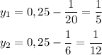 \displaystyle y_1=0,25- \frac{1}{20} = \frac{1}{5} \\\\y_2=0,25-\frac{1}{6} = \frac{1}{12}