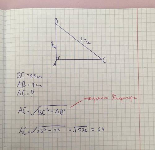 Знайдіть катет прямокутного трикутника якщо його гіпотенуза дорівнює 25 см а другий катет - 7 см ть