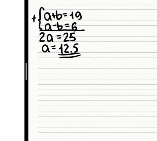 Найди значение переменной a, a+b=19 a−b=6 a=??? помгите