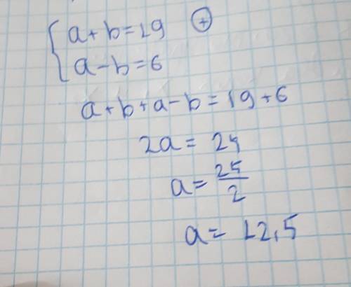 Найди значение переменной a, a+b=19 a−b=6 a=??? помгите
