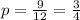 p=\frac{9}{12} =\frac{3}{4}