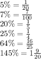 5\% = \frac{1}{20} \\ 7\% = \frac{7}{100} \\ 20\% = \frac{1}{5} \\ 25\% = \frac{1}{4} \\ 64\% = \frac{16}{25} \\ 145\% = 1 \frac{9}{20}