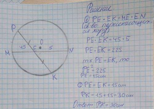 Хорды MN и PK пересекаются в точке E так, что ME=45см, NE=5см, PE=KE. Найдите PK​