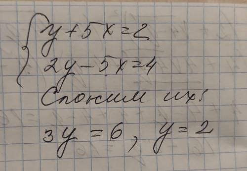 Дана система двух линейных уравнений y+5x=2; 2y-5x=4 найди значение переменной y