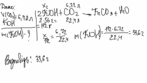 Обчисліть масу калій гідроксиду необхідну для взаємодії з карбон 4 оксидом об'ємом 6,72 ів