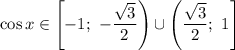 \cos x\in\left[-1;\ -\dfrac{\sqrt{3} }{2}\right)\cup\left(\dfrac{\sqrt{3} }{2};\ 1\right]