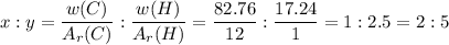 x:y = \dfrac{w(C)}{A_r(C)} : \dfrac{w(H)}{A_r(H)} = \dfrac{82.76}{12} : \dfrac{17.24}{1} = 1 : 2.5 = 2 : 5