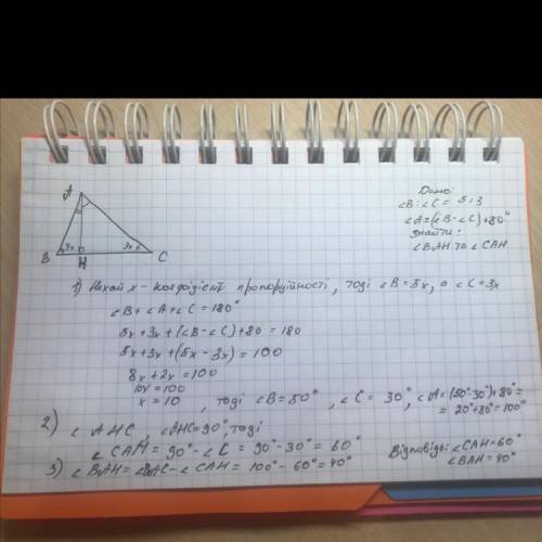 У трикутнику АВС кути В і С відносяться як 5 : 3 а кут А на 80° більший за їх різницю.Знайдіть кути