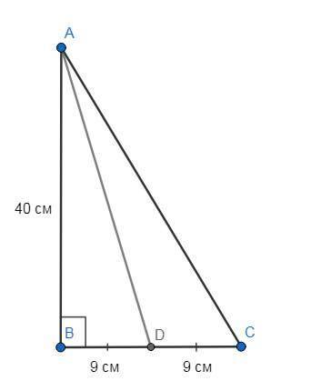 Катети прямокутного трикутника дорівнюють 40 смі 18 см. Знайдіть довжину медиани, проведеної до мен,