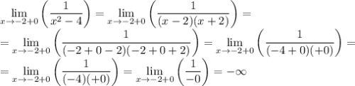 \displaystyle \lim_{x\to-2+0}\bigg(\frac{1}{x^2-4}\bigg)=\lim_{x\to-2+0}\bigg(\frac{1}{(x-2)(x+2)}\bigg)=\\=\lim_{x\to-2+0}\bigg(\frac{1}{(-2+0-2)(-2+0+2)}\bigg)=\lim_{x\to-2+0}\bigg(\frac{1}{(-4+0)(+0)}\bigg)=\\=\lim_{x\to-2+0}\bigg(\frac{1}{(-4)(+0)}\bigg)=\lim_{x\to-2+0}\bigg(\frac{1}{-0}\bigg)=-\infty
