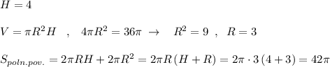 H=4\\\\V=\pi R^2H\; \; \; ,\; \; \; 4\pi R^2=36\pi \; \to \; \; \; R^2=9\; \; ,\; \; R=3\\\\S_{poln.pov.}=2\pi RH+2\pi R^2=2\pi R\, (H+R)=2\pi \cdot 3\, (4+3)=42\pi