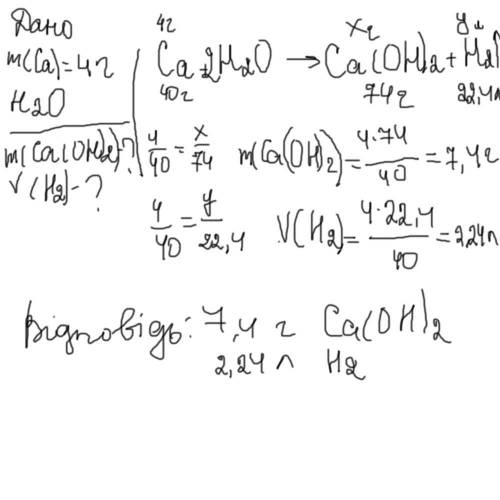 Кальцій масою 4 грозчинили у воді. Обчисліть масу лугу таоб'єм водню, що утворилися.​