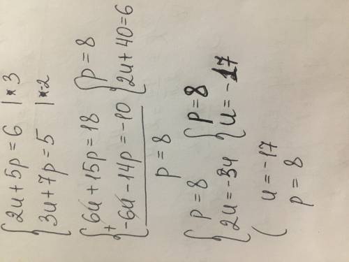Реши систему уравнений алгебраического сложения.{2u+5p=6 3u+7p=5​