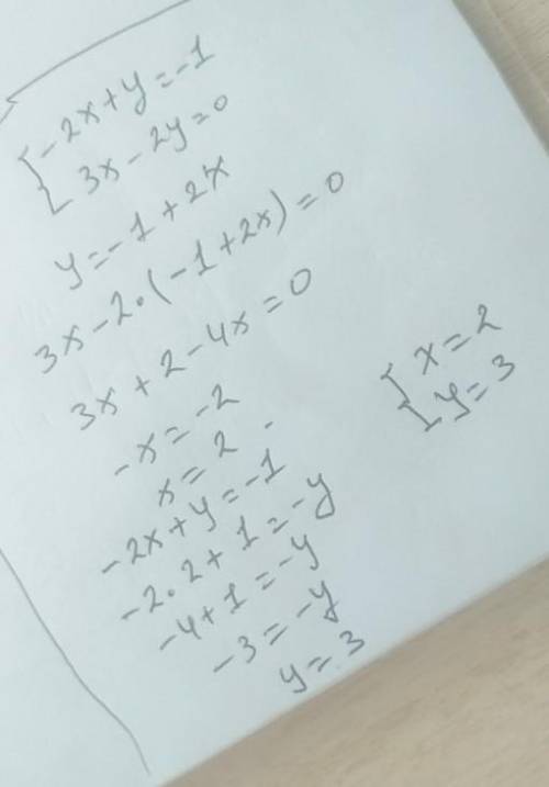 Графически решите систему уравнений {-2x + y = -1 {3x - 2y = 0