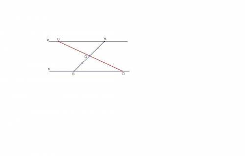 Концы отрезка AB лежат на параллельных прямых a и b, точка O - середина отрезка AB. Докажите, что лю