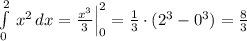 \int \limits _0^2\, x^2\, dx=\frac{x^3}{3}\Big|_0^2=\frac{1}{3}\cdot (2^3-0^3)=\frac{8}{3}