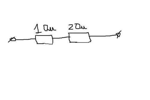 Начертите схему последовательного соединения двух резисторов 1 ом и 2 ом.В каком из них сила тока бо