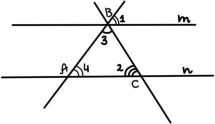 Прямые m и n параллельный. Найдите угол 3, если 1 равен 48 градусов, угол 2 равен 57 градусов. ​