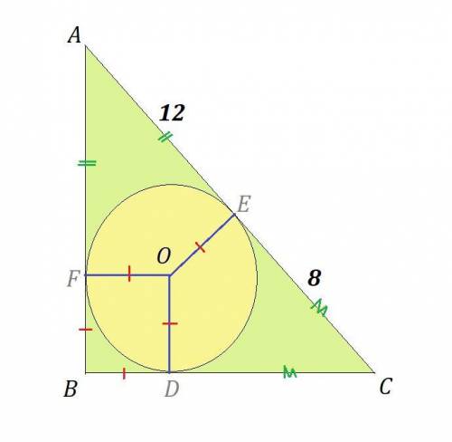 №740. Точка дотику кола, вписаного в прямокутний трикутник, ділить його гіпотенузу на відрізки завдо