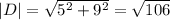 |D| = \sqrt{5^{2} + 9^{2}}= \sqrt{106}