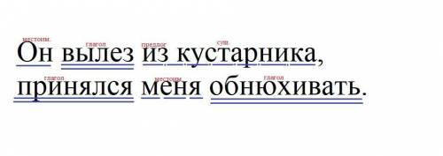 (4) – синтаксический разбор предложения. Он вылез из кустарника, принялся меня обнюхивать.(4)