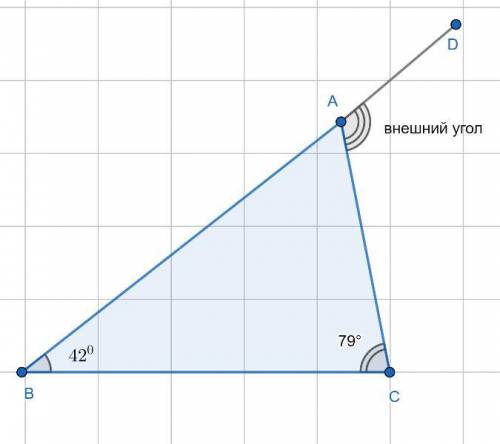 Знайдіть зовнішній кут АВС при вершині А, якщо кут В =42°, а кут С =79°