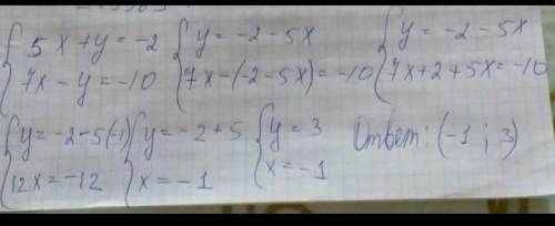 Очень решить систему уравнений 5x+y=-2;7x-y=-10​