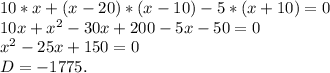 10*x+(x-20)*(x-10)-5*(x+10)=0\\10x+x^{2} -30x+200-5x-50=0\\x^{2} -25x+150=0\\D=-1775.