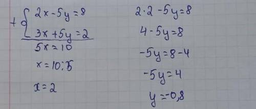 Решите систему уравнения сложения {2х-5у=8 3х+5у=2 ​