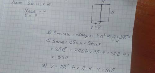 Осевое сечение цилиндра квадрат, площадь которого равна 16. Найдите площадь поверхности и объем цили