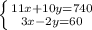 \left \{ {{11x+10y=740} \atop {3x-2y=60}} \right.