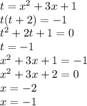 t = {x}^{2} + 3x + 1 \\ t(t + 2) = - 1 \\ {t}^{2} + 2t + 1 = 0 \\ t = - 1 \\ {x}^{2} + 3x + 1 = - 1 \\ {x}^{2} + 3x + 2 = 0 \\ x = - 2 \\ x = - 1