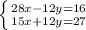 {{\left \{ {{28x-12y=16} \atop {15x+12y=27}} \right. }