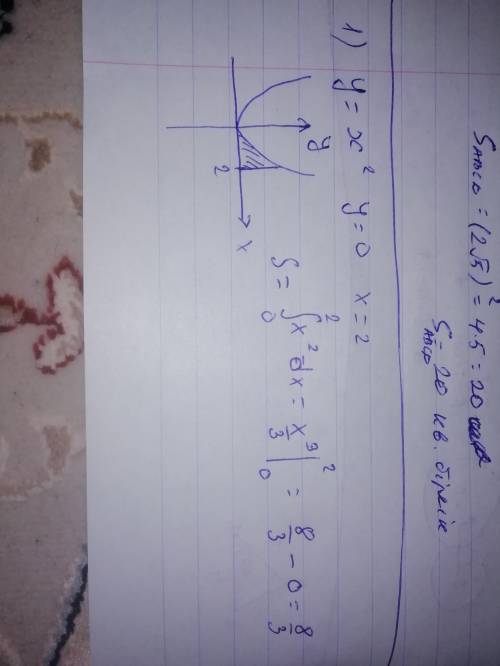 ОТ -Обчислити площу фігури обмежену лініями1)y=x^2,y=0,x=22)y=-x^2+4,x+y=4