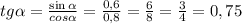 tg\alpha =\frac{\sin\alpha }{cos\alpha } =\frac{0,6}{0,8}=\frac{6}{8}=\frac{3}{4}=0,75