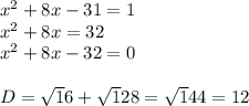 x^{2} +8x-31=1\\x^{2} +8x=32\\x^{2}+8x-32=0\\ \\D=\sqrt16+\sqrt 128=\sqrt144=12\\