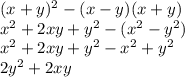 (x+y)^2-(x-y)(x+y)\\x^2+2xy+y^2-(x^{2}-y^2)\\x^{2}+2xy+y^2-x^2+y^2\\2y^2+2xy\\