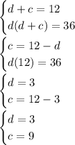 \begin {cases} d+c=12 \\d(d+c)=36 \end.\\\\\begin {cases} c=12-d \\d(12)=36 \end.\\\\\begin {cases} d=3 \\c=12-3 \end.\\\\\begin {cases} d=3 \\c=9 \end.\\