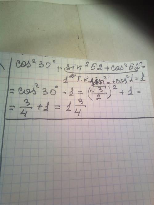 Знайдіть значення виразу cos^2 30°+sin^2 52°+cos^2 52°