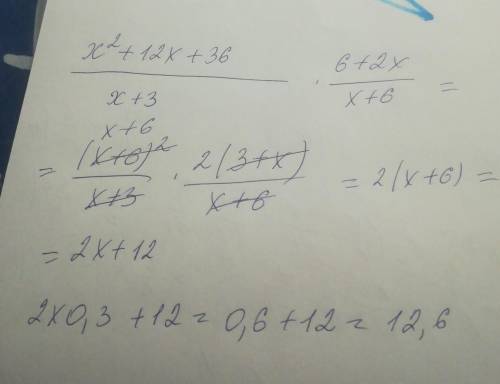 Выполни умножение алгебраических дробей x2+12x+36x+3⋅6+2xx+6 и найди значение выражения при x= 0,3.