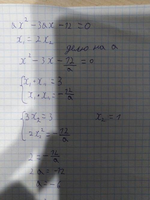 Один из корней квадратного уравнения ax^2-3ax-12=0 в два раза больше другого. Найдите a.