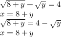 \sqrt{8+y} +\sqrt{y} =4\\x=8+y\\\sqrt{8+y} =4-\sqrt{y} \\x=8+y