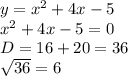 y=x^{2} +4x-5\\x^{2} +4x-5=0\\D=16+20=36\\\sqrt{36} =6