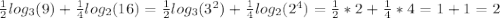 \frac{1}{2} log_3(9) + \frac{1}{4} log_2(16) = \frac{1}{2} log_3(3^2) + \frac{1}{4} log_2(2^4) = \frac{1}{2}*2 + \frac{1}{4} * 4 = 1+1 = 2
